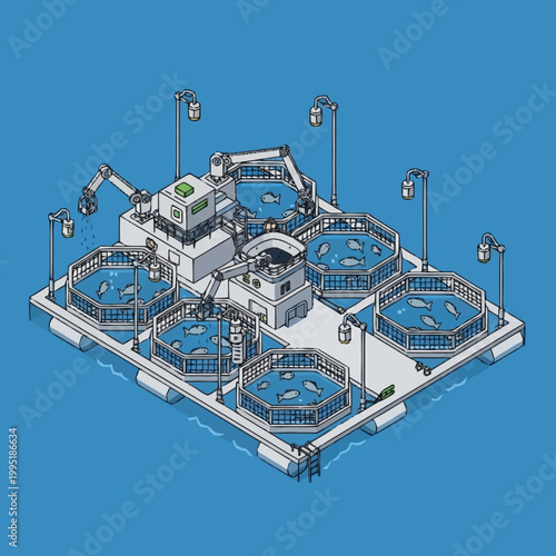 Isometric view of a modern fish farm facility with multiple blue tanks.