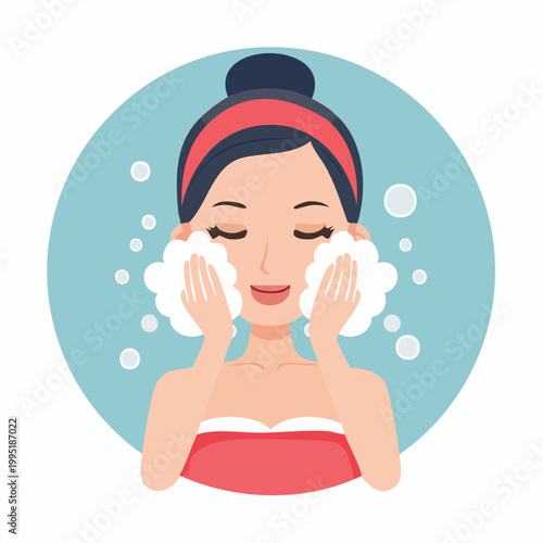Woman Washing Face with Foam and Bubbles