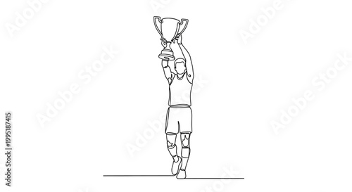 Athlete Holding Trophy Overhead, Line Art Celebration, Champion Vector