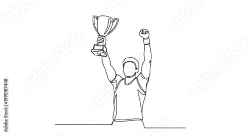 Celebration Of Victory, Athlete Holding Trophy Up High, Single Line Art