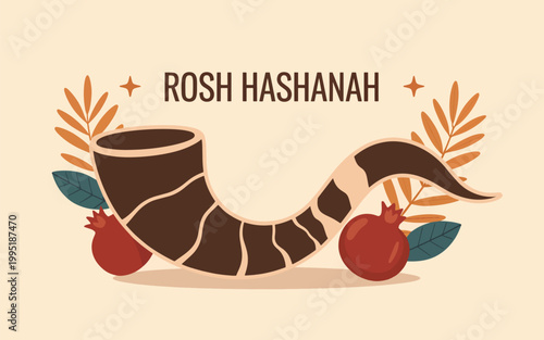 Rosh Hashanah greeting with a shofar horn, pomegranates, and palm leaves on a light beige background