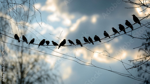 Birds perched on electric wires against spring sky. Flock of birds perched on power line against cloudy sky background  