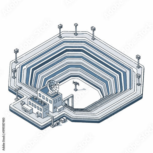 Isometric illustration of a futuristic prison or detention facility with multiple layers.