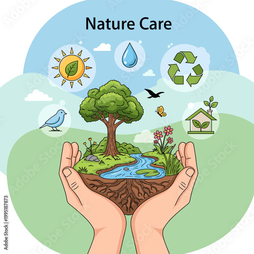 Hands cradling a miniature ecosystem with a tree, river, and various environmental icons like sun, water drop, recycle symbol, bird, butterfly, and a house with a leaf.