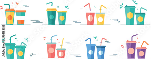 Colorful beverage illustration set featuring takeaway drinks juice cups smoothies and iced beverages with straws in modern flat design style