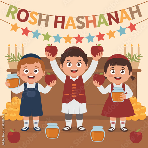Three children holding red apples and honey jars for the Rosh Hashanah celebration with festive bunting