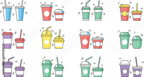 Colorful takeaway beverage illustration set featuring coffee cups smoothies iced drinks and plastic cups with straws in modern flat style