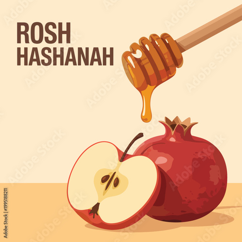 Rosh Hashanah greeting with a sliced red apple, a whole pomegranate, and a wooden honey dipper