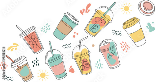 Hand drawn beverage illustration set featuring iced drinks smoothies coffee cups and takeaway beverages with abstract elements in modern style