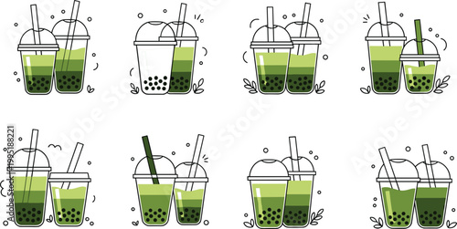 Matcha bubble tea illustration collection featuring green boba drinks in various cup styles with tapioca pearls in modern cartoon design