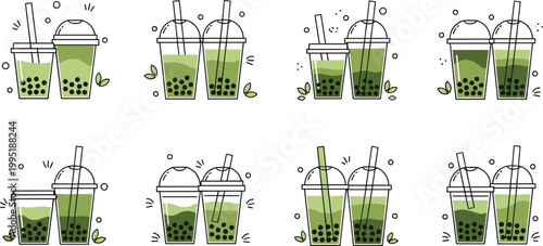 Matcha bubble tea illustration set featuring green boba drinks in takeaway cups with tapioca pearls and straws in modern flat style