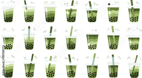 Matcha bubble tea illustration set featuring multiple green boba drinks with tapioca pearls in takeaway cups in modern flat style