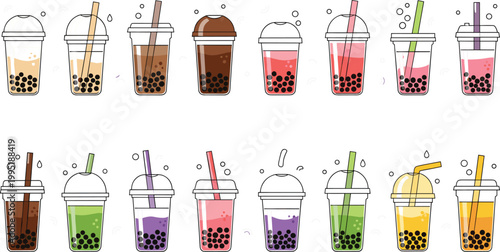 Bubble tea illustration set featuring assorted boba drinks with tapioca pearls in takeaway cups with straws in colorful modern style
