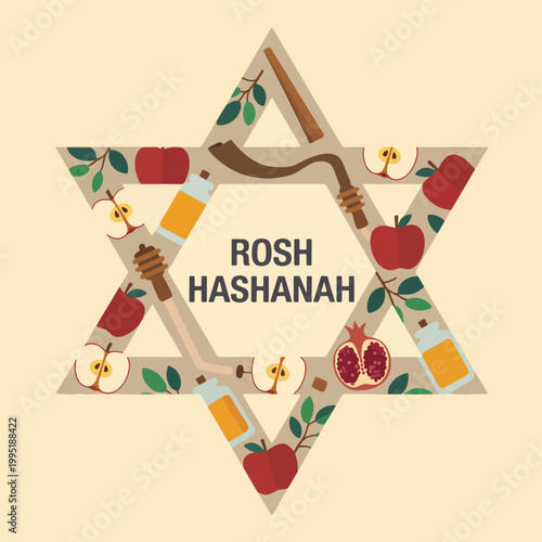 Quadro em tela Star of David frame with Rosh Hashanah symbols, apples, honey, pomegranate, and