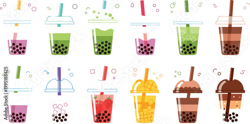 Bubble tea illustration set featuring colorful boba drinks fruit flavors and chocolate beverages with tapioca pearls in modern flat style