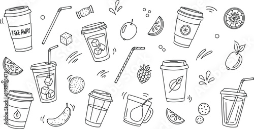 Beverage and fruit doodle illustration set featuring coffee cups juices citrus slices and drinks in hand drawn outline style collection