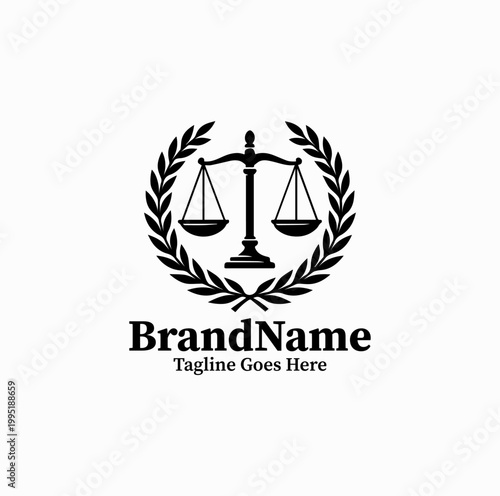 A justice scale with laurel wreath is illustrated as a prestigious law logo design monochrome classic