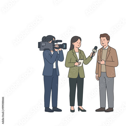 News Reporter Interviewing Man on Camera with Cameraman Filming