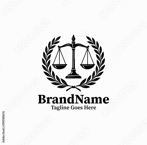 A justice scale with laurel wreath is illustrated as a prestigious law logo design monochrome classic
