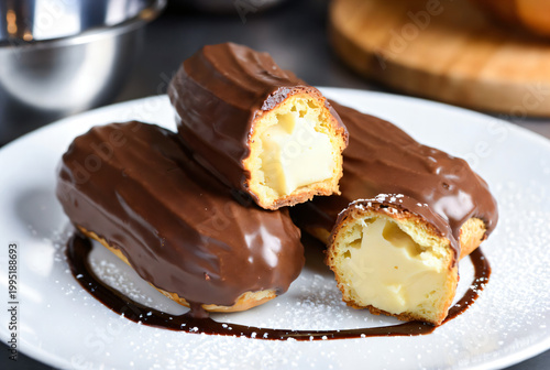 A close-up shot shows three chocolate-covered eclairs filled with cream on a white plate. One eclair is cut in half, revealing the creamy interior and the choux pastry.
