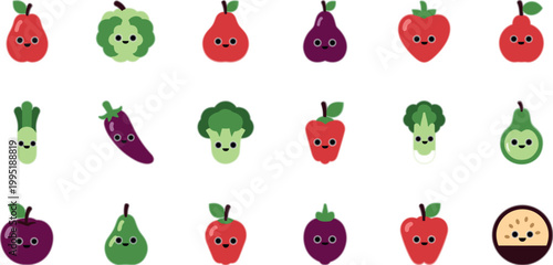Cute fruit and vegetable cartoon icons vector set with smiling characters, healthy food and playful illustration collection