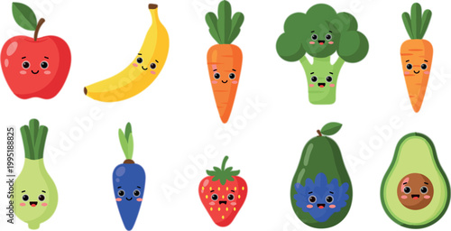 Cute fruit and vegetable characters vector set with smiling apple, banana, carrot and avocado, playful food illustration collection