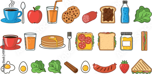 Breakfast food and drink vector set with coffee, juice, pancakes, eggs, sandwiches and healthy meal illustration collection