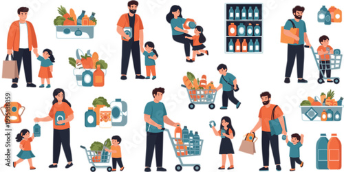 Family Grocery Shopping Vector Set with Parents and Children Buying Food Using Carts Baskets and Store Shelves for Supermarket Lifestyle Design