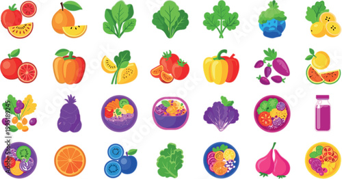 Healthy fruits and vegetables icons vector set with colorful food, fresh ingredients and nutrition illustration collection