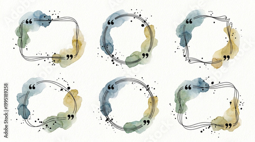 Watercolor quote frames with brush strokes and splatter effects, set of six unique designs