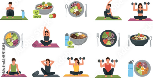 Healthy lifestyle and fitness vector set with yoga exercises, workout, vegan meals and balanced diet illustration collection