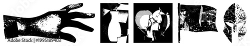 Stylized hand silhouette with halftone texture, geometric abstractions, and fragmented vector cutouts ideal for print or digital collage.