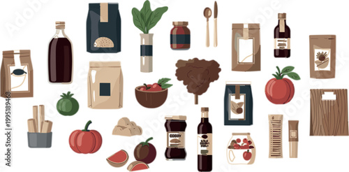 Organic Food and Grocery Vector Set with Eco Packaging Jars Bottles Spices Coffee Vegetables and Natural Products for Sustainable Lifestyle Design