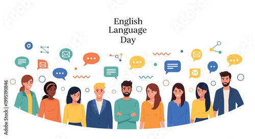 Diverse students are featured in a vector illustration representing English Language Day, with speech bubbles and icons symbolizing global communication and language education in a bright