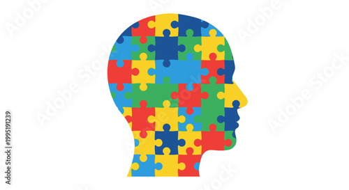 Autism Awareness Colorful Puzzle Piece Head.