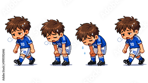 Pixel art soccer player animation frames showing fatigue