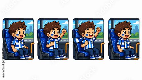 Pixel art soccer fan in blue and white traveling on bus