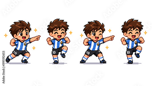 Pixel art chibi soccer player in celebratory poses