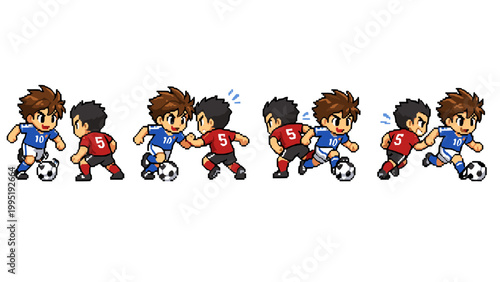 Pixel art soccer players in action, four animation frames