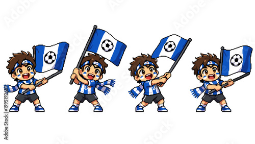 Pixel art soccer fan cheering with flag and scarf