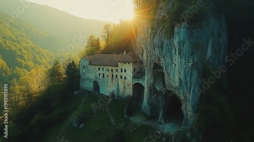 Ancient Monastery Nestled in a Lush Mountain Landscape at Sunrise.