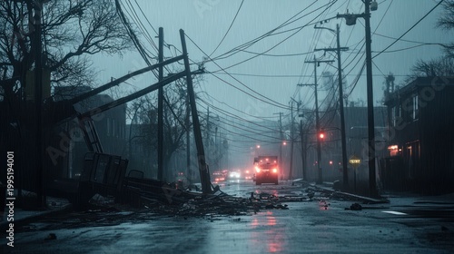 Stormy Street with Damaged Power Lines and Fallen Trees.