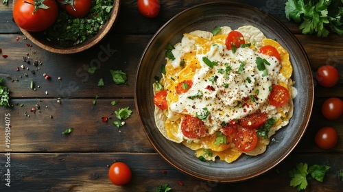 Delicious Omelette with Tomatoes and Herbs on a Wooden Table.