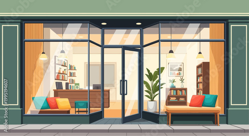 A colorful storefront with couches and pillows inside the shop window display