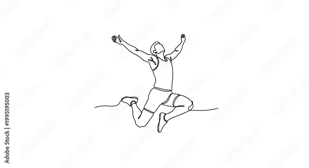 Fototapeta premium Athlete Jumping With Arms Raised in Victory, Continuous Line Drawing