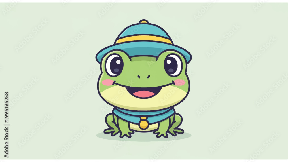 Fototapeta premium Smiling Cartoon Frog Wearing Blue Hat.