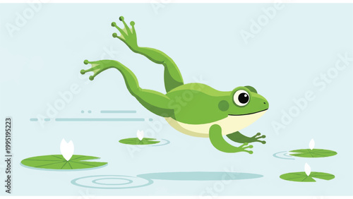 Green Frog Jumping in Water.
