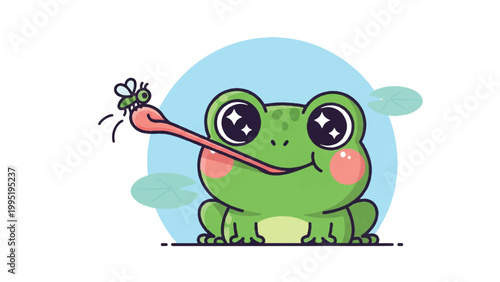 Cute green frog eating a fly.