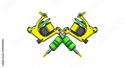 Crossed Tattoo Machines, Yellow and Green, Professional Tattoo Equipment