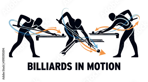 Dynamic Billiard Players in Motion, Showing Action Shots with Cue Sticks and Balls